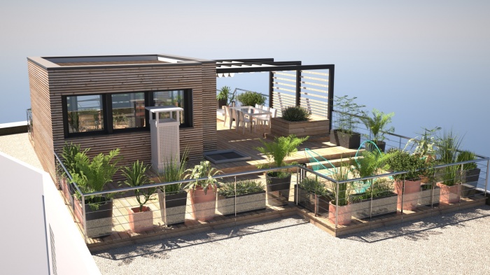 Aménagement d'une toiture terrasse avec surélévation à ossature bois en périphérie de Paris